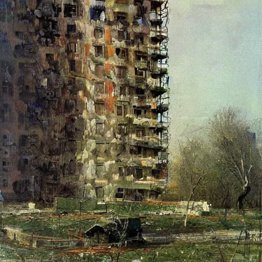 Prompt: a wonderously complicated painting of an abandoned russian brutalist appartment being retaken by nature by ilya repin