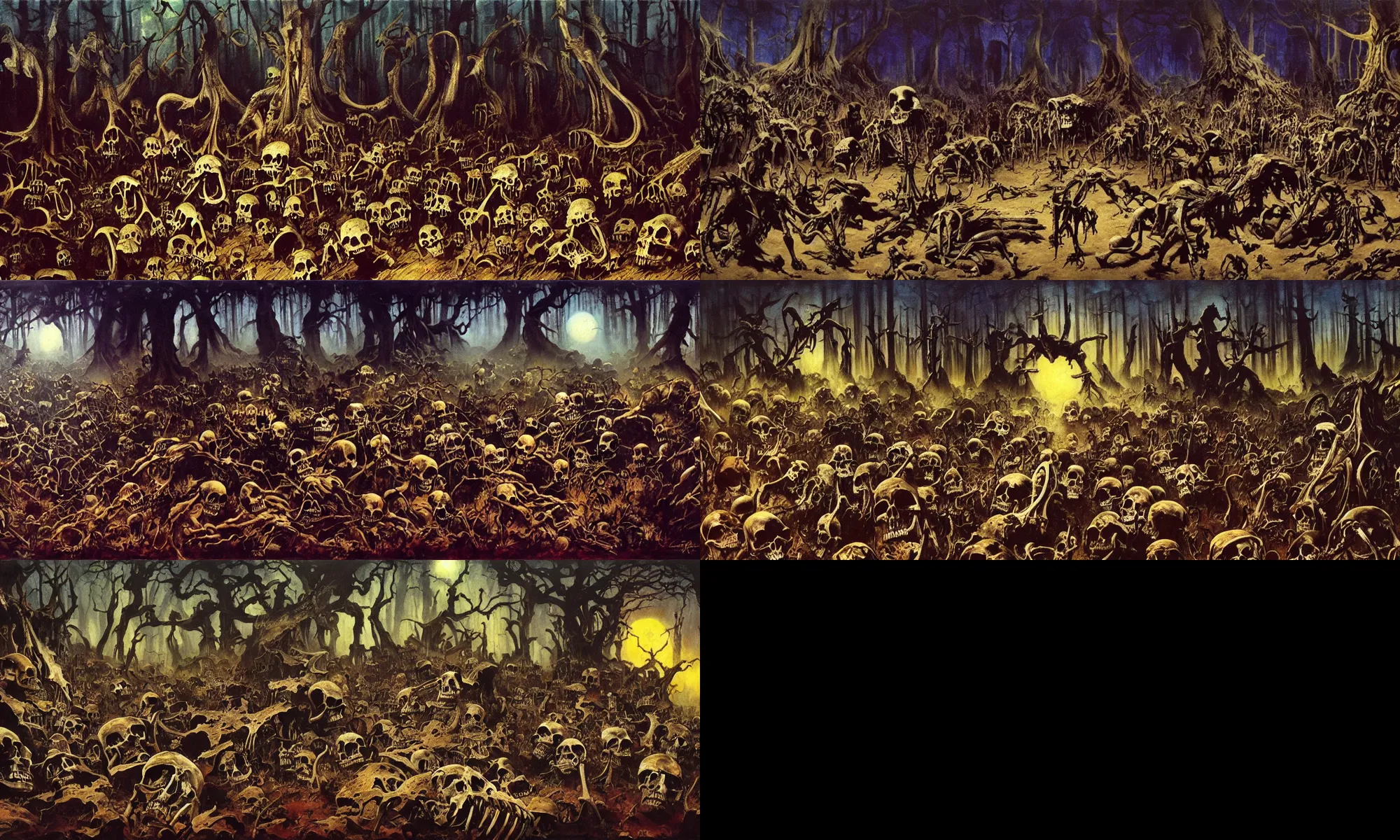 Image similar to frazetta painting of forest of souls filled with skeletons on the ground, nighttime ,daytime , backlight , detailed visible brushmarks