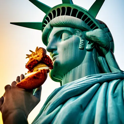 Image similar to statue of liberty eating a cheeseburger, golden hour, award winning photo, low angle