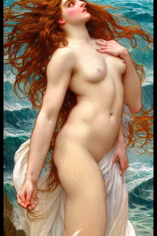 Image similar to painted portrait of aphrodite in the ocean, goddess of love, greek god, feminine, powerful, beautiful, upper body, white robe, muscular, fantasy, intricate, elegant, highly detailed, digital painting, artstation, concept art, smooth, sharp focus, illustration, art by gaston bussiere and alphonse mucha