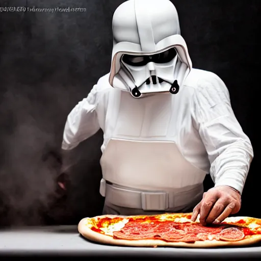 Prompt: trump making a pizza, modeling as darth vader in star wars, ( eos 5 ds r, iso 1 0 0, f / 8, 1 / 1 2 5, 8 4 mm, postprocessed, crisp face, facial features )