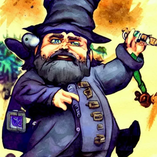 Image similar to Gnome Alchemist dressed like a mobster from the ant hill mob on Wacky Races, drawn by Yoji Shinkawa, water color, Dungeons and Dragons, Wizards of the Coast