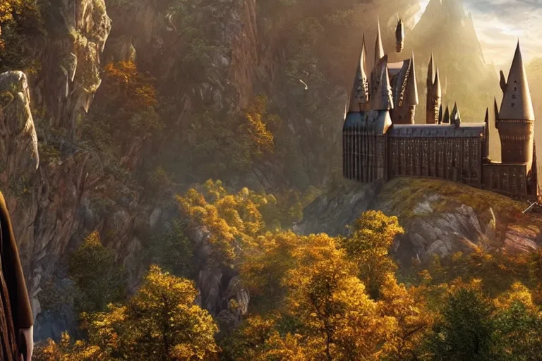 Image similar to Harry potter looking down to Hogwarts, happy after a long fight, photo-realistic, golden hour, epic