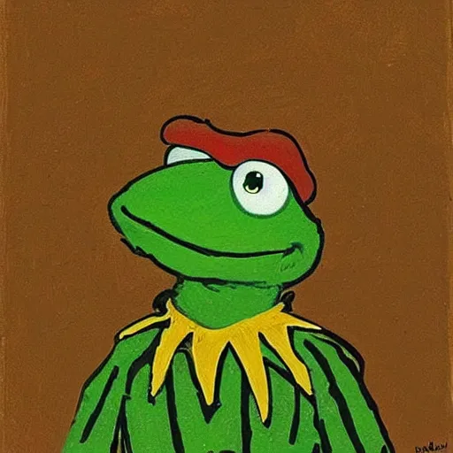 Prompt: Kermit the Frog, Van Gogh portrait, painting, detailed, visible brush strokes