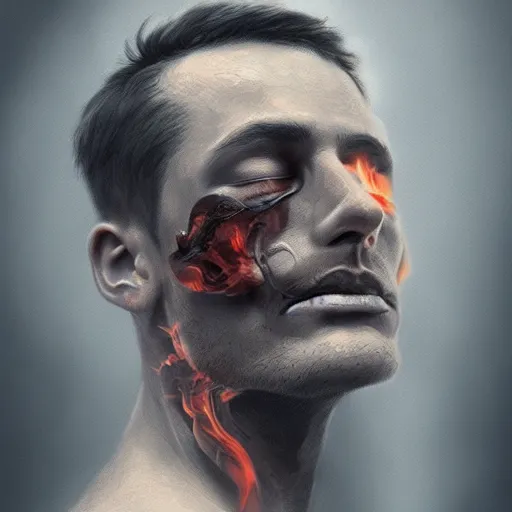 Image similar to Man being consumed by smoke, beautiful illustration, detailed, by Wylie Beckert, artgerm, top on artstation, realistic, 4k