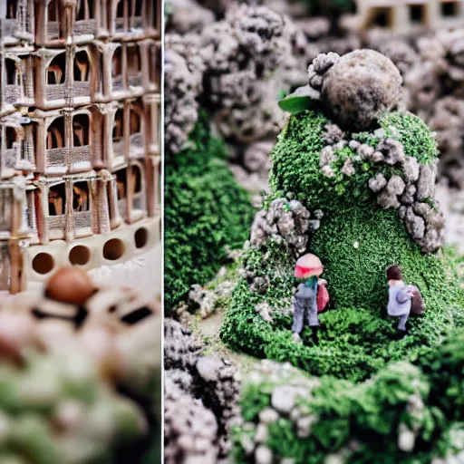 Image similar to macro photo of a miniature secret hidden world with tiny buildings and people inside of a croquembouche