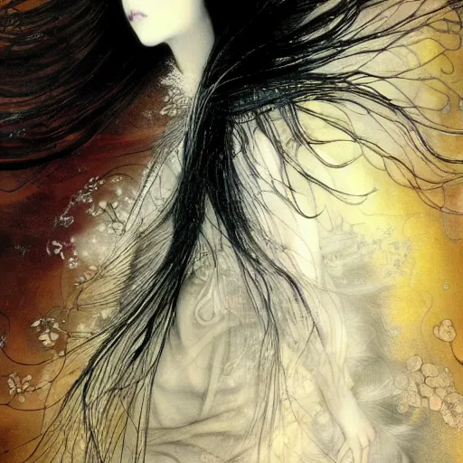 Image similar to yoshitaka amano blurred and dreamy realistic illustration of a japanese woman with black eyes, wavy white hair fluttering in the wind wearing elden ring armor with engraving, abstract patterns in the background, satoshi kon anime, noisy film grain effect, highly detailed, renaissance oil painting, weird portrait angle, blurred lost edges, three quarter view