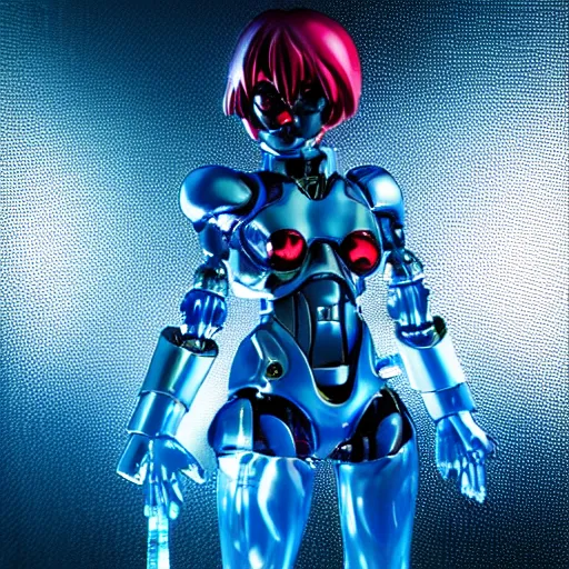 Prompt: studio photography full view of a translucent blue cyborg anime girl action figure with chromed cybernetics inside her body, chogokin, microman, micronauts, in a light box with a red background