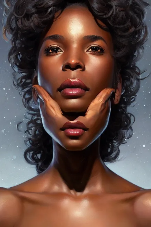 Image similar to clear portrait of a black attractive women, cottagecore!!, background hyper detailed, character concept, full body, dynamic pose, glowing lights!! intricate, elegant, highly detailed, digital painting, artstation, concept art, smooth, sharp focus, illustration, art by artgerm and greg rutkowski and alphonse mucha