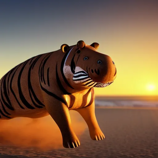 Image similar to a closeup photorealistic photograph of a cute stylish tiger hippo playing volleyball at the beach during sunset. Surf in the background. This 4K HD image is Trending on Artstation, featured on Behance, well-rendered, extra crisp, features intricate detail and the style of Unreal Engine.