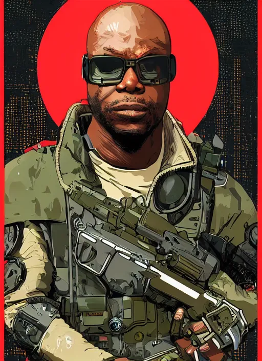 Image similar to chidi igwe. cyberpunk mercenary in military stealth suit. portrait illustration, pop art, splash painting, art by geof darrow, ashley wood, alphonse mucha, makoto shinkai