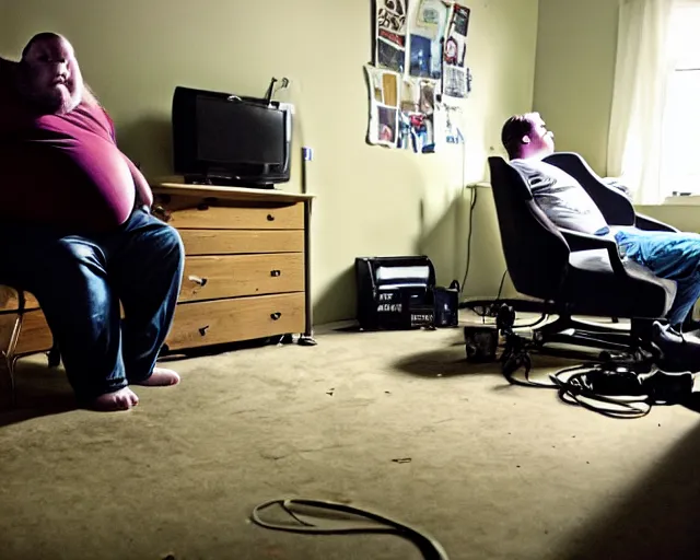 Image similar to dirty room, depression scene, very fat man in a gamer chair.