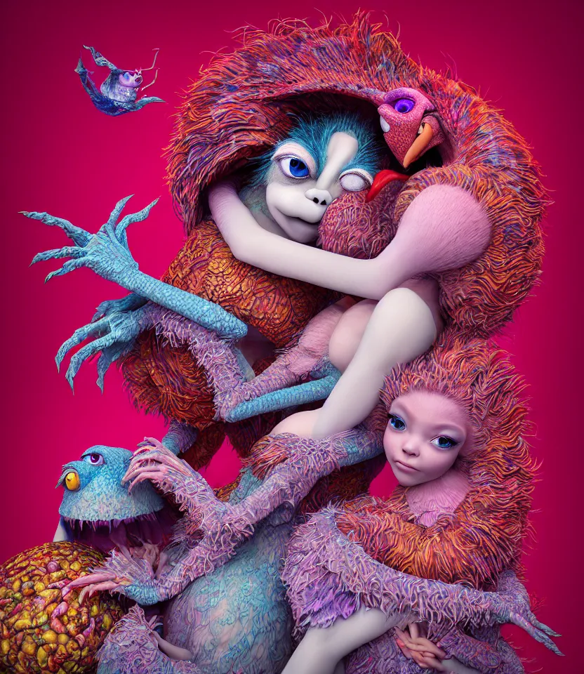 Prompt: hyper detailed 3d render like a Oil painting - kawaii portrait of lovers hugging Aurora (a beautiful girl skeksis muppet fae princess protective playful expressive acrobatic from dark crystal that looks like Anya Taylor-Joy) seen red carpet photoshoot in UVIVF posing in scaly dress to Eat of the Strangling network of yellowcake aerochrome and milky Fruit and His delicate Hands hold of gossamer polyp blossoms bring iridescent fungal flowers whose spores black the foolish stars by Jacek Yerka, Ilya Kuvshinov, Mariusz Lewandowski, Houdini algorithmic generative render, golen ratio, Abstract brush strokes, Masterpiece, Edward Hopper and James Gilleard, Zdzislaw Beksinski, Mark Ryden, Wolfgang Lettl, hints of Yayoi Kasuma and Dr. Seuss, Grant Wood, octane render, 8k