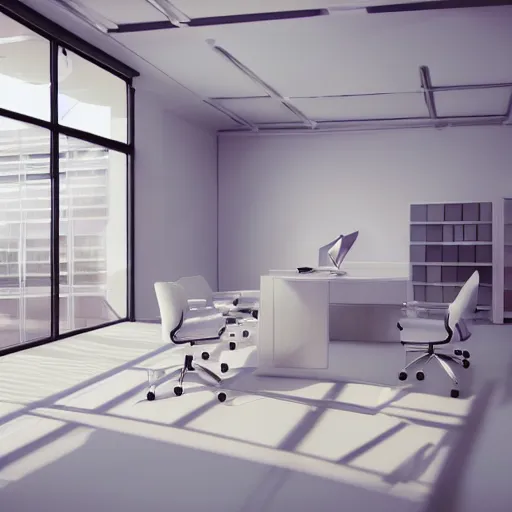 Image similar to a white empty pink office with sun rays looming down, with a pool inside, dynamic lighting, photorealistic concept art, trending on art station, stunning visuals, creative, cinematic, ultra detailed, ray tracing