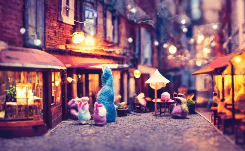 Image similar to miniature cafe diorama, macro photography, cafe with felted bunnies on a date, alleyway, ambient, atmospheric, british, cozy, bokeh, romantic, colorful lanterns