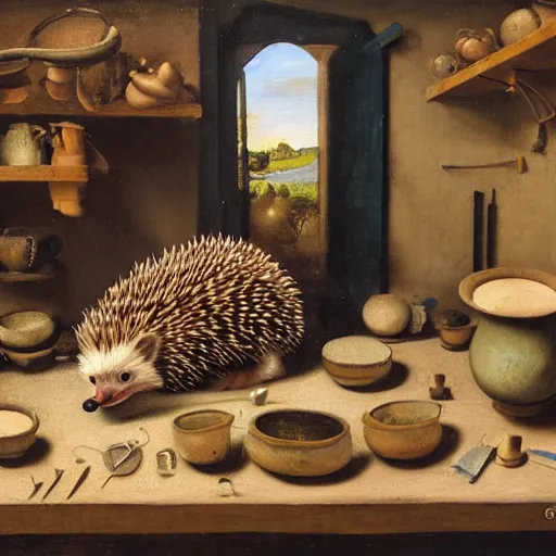 Prompt: painting of a happy hedgehog on a table in a ceramic workshop, surrounded by ceramicists tools and unfinished bowls, oil painting, northern renaissance art, oil on canvas, wet - on - wet technique, realistic, intricate textures, illusionistic detail