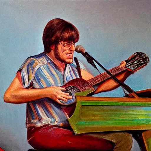 Prompt: John Sebastian playing keyboard on stage in 1967, oil painting, high detail, museum quality