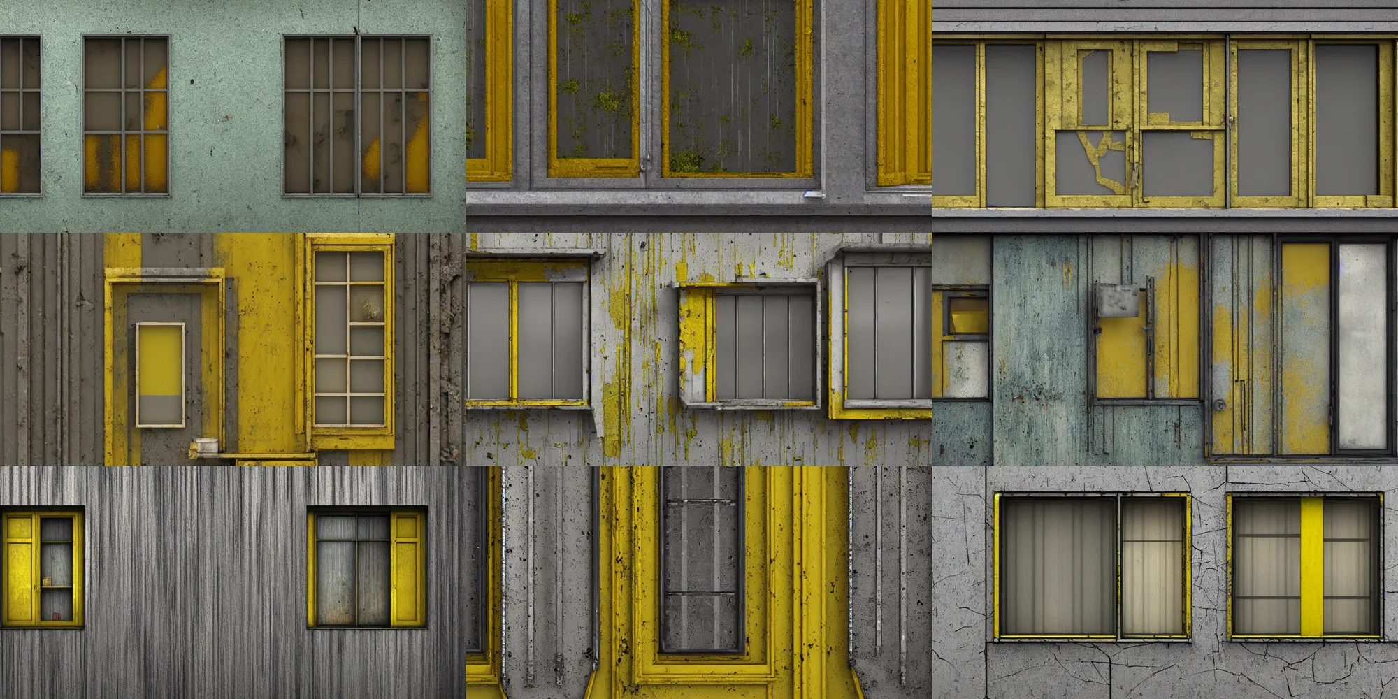 Prompt: shop window with metallic see-through shutter down, yellow details, painted metal, weathered, mossy, sci-fi, octane render, concept art, trending on artstation, H- 512