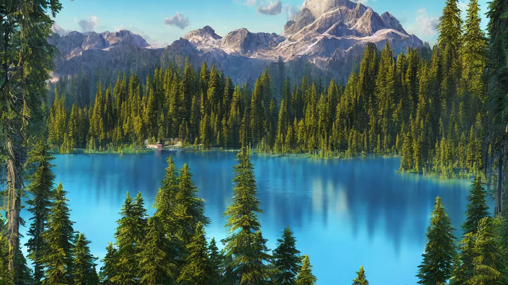 Prompt: a lake surrounded by tall pine trees with a mountain in the background, a detailed matte painting by senior environment artist, shutterstock contest winner, photorealism, rendered in unreal engine, matte painting, anamorphic lens flare