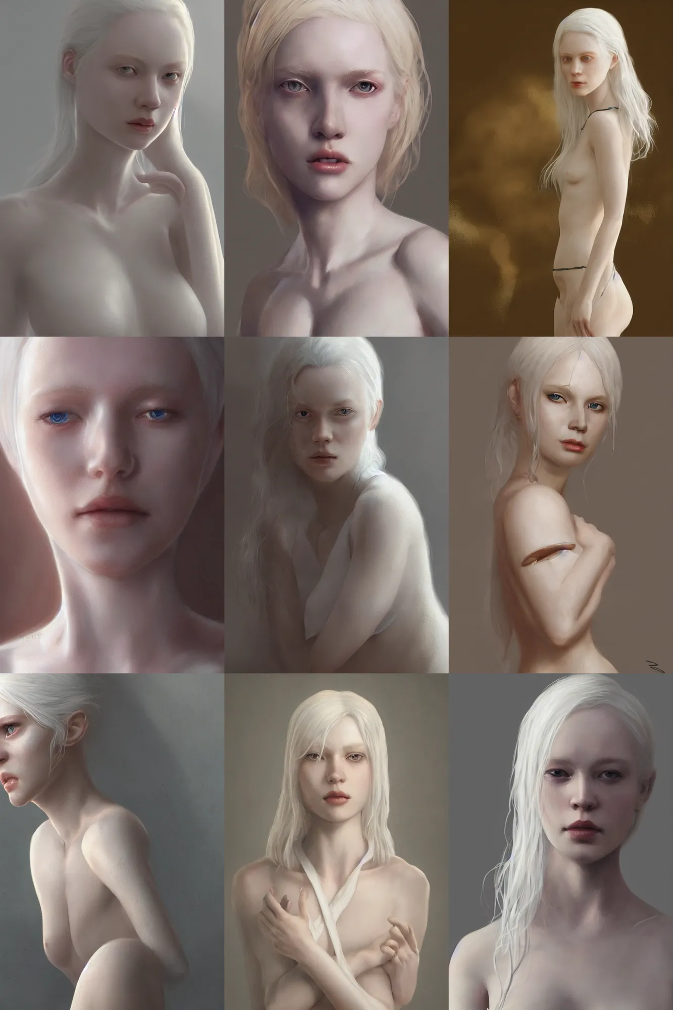 Prompt: A beautiful albino woman with long white, porcelain skin, cinematic lighting, photo realistic, soft bokeh, highly detailed, 3D, octane render, digital painting, artstation, concept art, sharp focus, illustration, by greg rutkowski