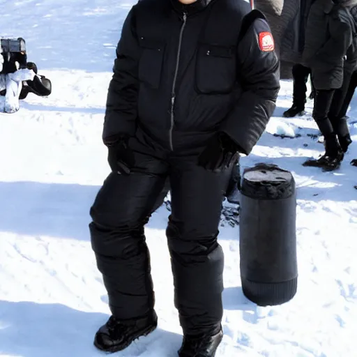 Image similar to john paul ii posing in a black puffed nuptse, black cargo pants and high black boots, press paparazzi photograph