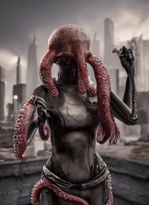 Image similar to hyperrealism, detailed textures, photorealistic 3 d cyberpunk octopus queen in apocalyptic city, futuristic clothing and helmet, ultra realistic, cinematic, intricate, low light, unreal engine 8 k