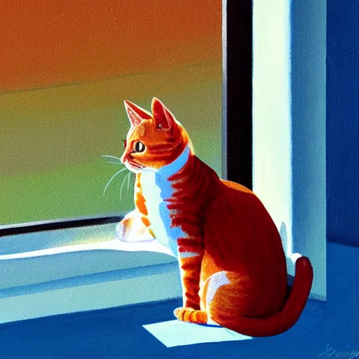 Prompt: painting of orange cat with white stripes in a room, with a window shining light into the room, magic hour