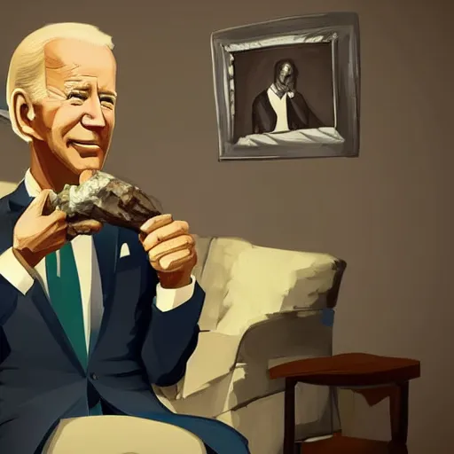 Image similar to joe biden holding a giant joint while sitting on a couch in a messed up apartment, stoned eyes, smoke, beautiful digital art, amazing detail, artstation, award winning, sharp