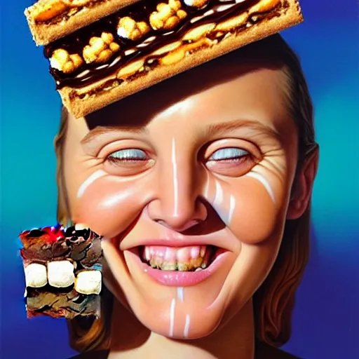 Prompt: drew barrymore face inside! a smore, chocolate, marshmallow graham cracker, digital painting by arcimboldo, rhads