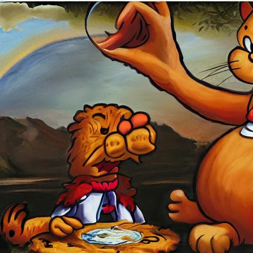 Prompt: creation of adam painting with garfield the cat and lasagna