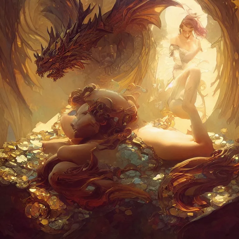 Image similar to A dragon sleeping on its glittering treasure hoard, digital painting, artstation, concept art, sharp focus, cinematic lighting, illustration, art by artgerm and greg rutkowski, alphonse mucha, cgsociety