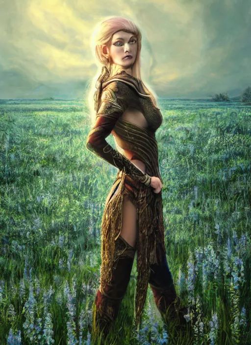 Image similar to an oil canvas painting of beautiful full body concept art beautiful face and beautiful eyes, elven female rogue wearing full intricate clothing standing in a field, soft focus, interesting lights