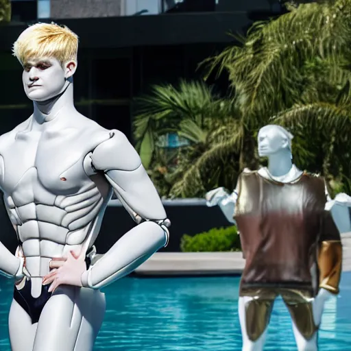 Image similar to a realistic detailed photo of a guy who is an attractive humanoid who is half robot and half humanoid, who is a male android, wrestler bo nickal, shiny skin, posing like a statue, blank stare, by the pool, on display, showing off his muscles, humanoid robot, frozen ice statue