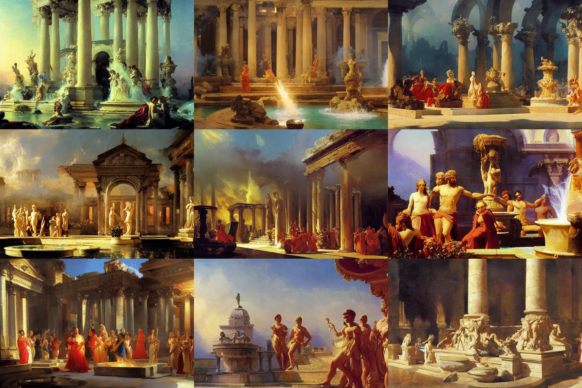 Prompt: A closeup oil painting of the celebrating patrons of a beautiful greco-roman palace, fountain and braziers illuminate the scene, frank frazetta, ivan aivazovsky, realistic, volumetric lighting