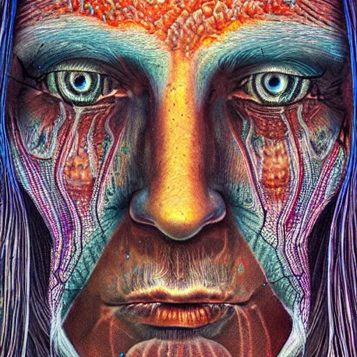 Prompt: dark portrait of one Bioluminescent old shaman, with cracked reaction diffusion semi-transparent skin. multicolored fish scales, closeup. long dark hair with insects. realistic. intricate, very detailed, by alex grey and Moebius