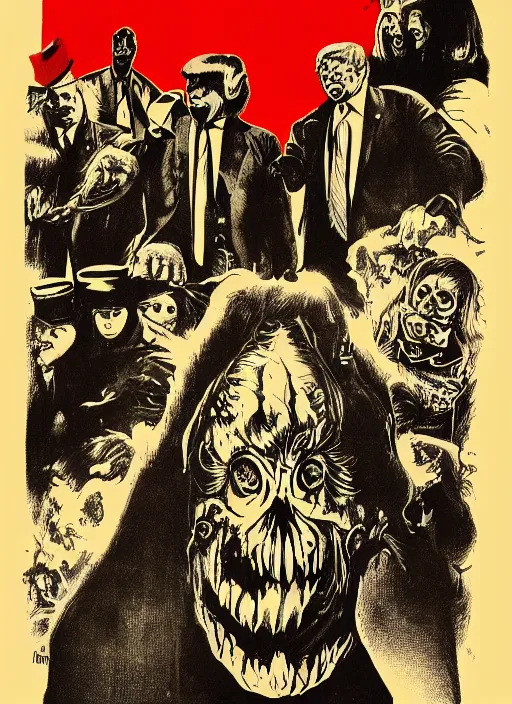 Prompt: Donald Trump's disgusting true form on a 1970s horror movie poster, inking, vintage 70s print, detailed, scary, horror, screen print, trending on artstation