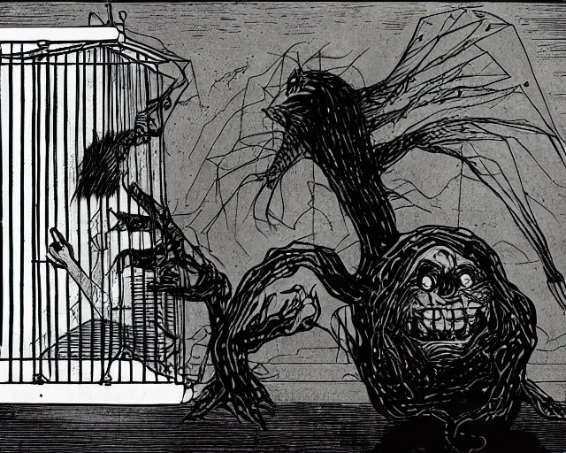 Prompt: a horrible shadow monster looming over a man trapped in a cage,