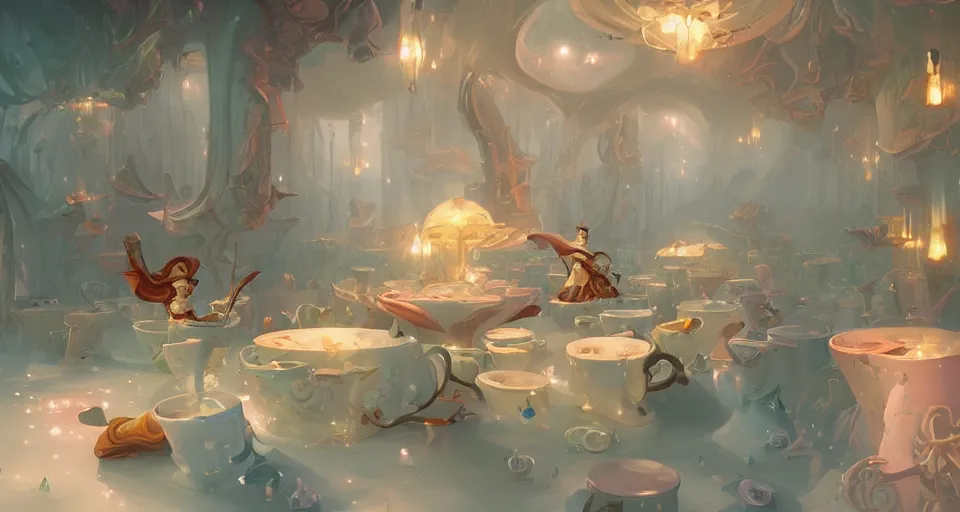 Image similar to a room built entirely out of white teacups by peter mohrbacher, vivid colors, matte painting, 8K, concept art, mystical color scheme, trending on artstation