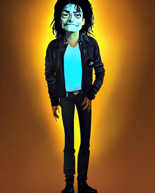 Image similar to portrait of michael jackson in the style of justin roiland. cinematic lighting. style of rick & morty. photographic, photography. by justin roiland