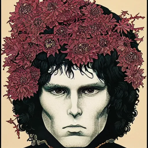 Image similar to symmetrical jim morrison as a lizard king, very detailed style of takato yamamoto lots of flowers