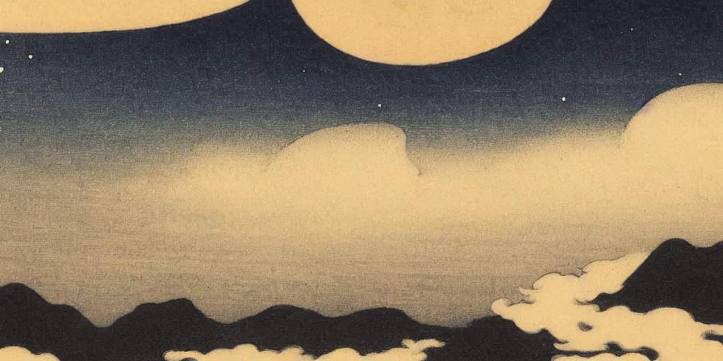 Prompt: cloudy night sky by ohara koson, 1 9 1 0