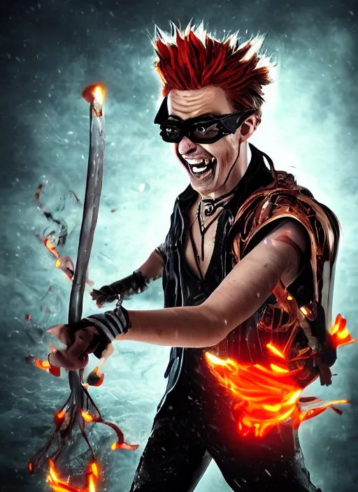 Image similar to An epic fantasy comic book style portrait painting of young man with red spiked long hair, using an orange lens googles. Wearing a black waistcoat, white shirt. He is with a vicious smile in face. Unreal 5, DAZ, hyperrealistic, octane render, cosplay, RPG portrait, dynamic lighting