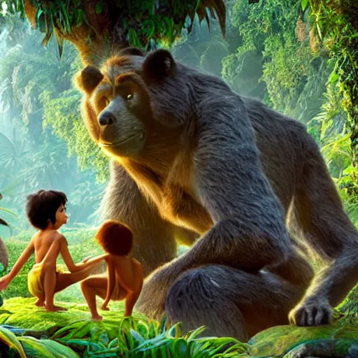 Image similar to jungle book. mowgli and balu. movie still frame.