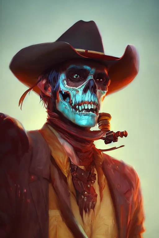 Prompt: Undead cowboy by Mandy Jurgens, western, digital painting, artstation, concept art, sharp focus, cinematic lighting, illustration, cgsociety, masterpiece, stunning, vibrant