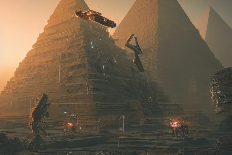 Image similar to ancient pyramids, cyberpunk art by mike winkelmann, trending on cgsociety, retrofuturism, reimagined by industrial light and magic, darksynth, sci - fi