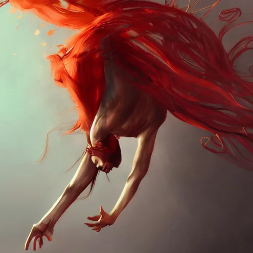 Image similar to a red haired goddess hanging upside down, intricate, elegant, highly detailed, digital painting, artstation, concept art, sharp focus, illustration, in the style of magic the gathering