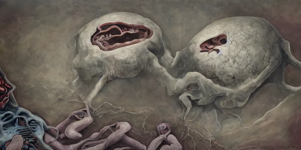 Image similar to surreal painting of giant teratoma tumor in a room