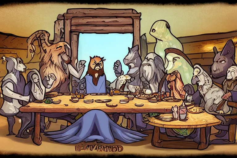 Image similar to The Last Supper, cartoon, rpg character, humblewood art style, concept art, fantasy