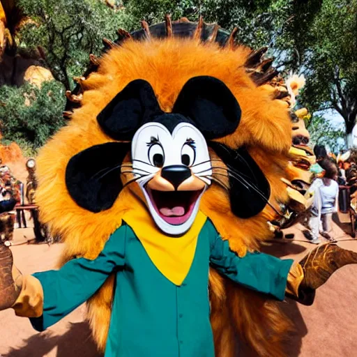 Image similar to mad mascot costumes in the lion king stage show at disneyland, covered outdoor stage, theatrical lighting, iphone video