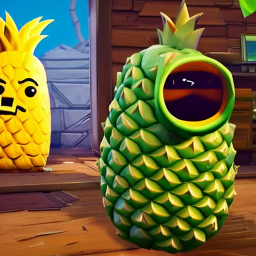 Image similar to anthropomorphic pineapple filled with beans, the bean - filled anthropomorphic pineapple is playing the video game fortnite, there are beans on the ground next to the pineapple